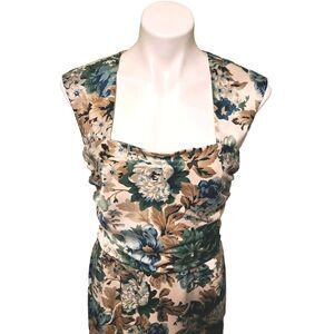 Donna‎ Ricco Blue Green Tan Floral Square Neck Ruche Womens Dress Size 12